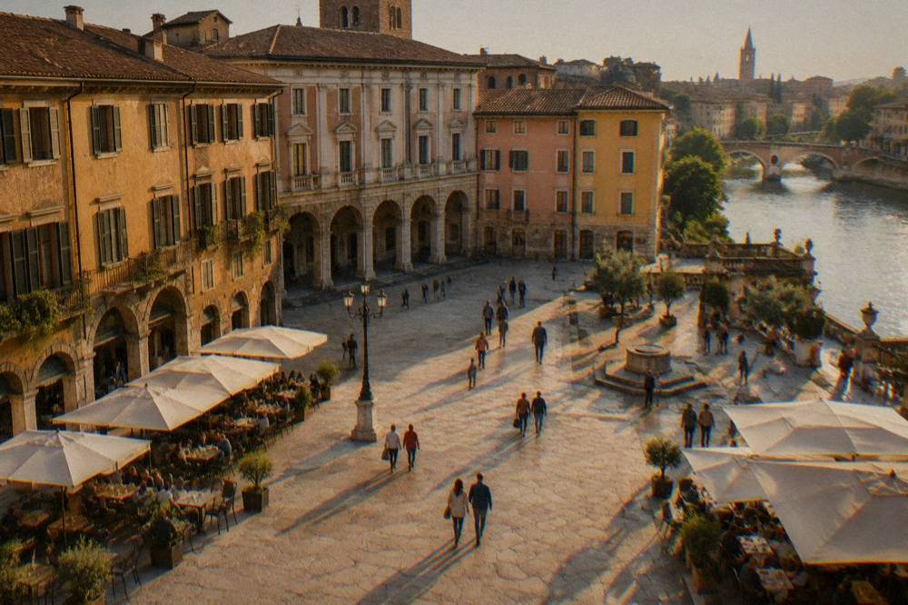 A wide square in Verona with cafe tables, historic facades and people strolling in late afternoon light