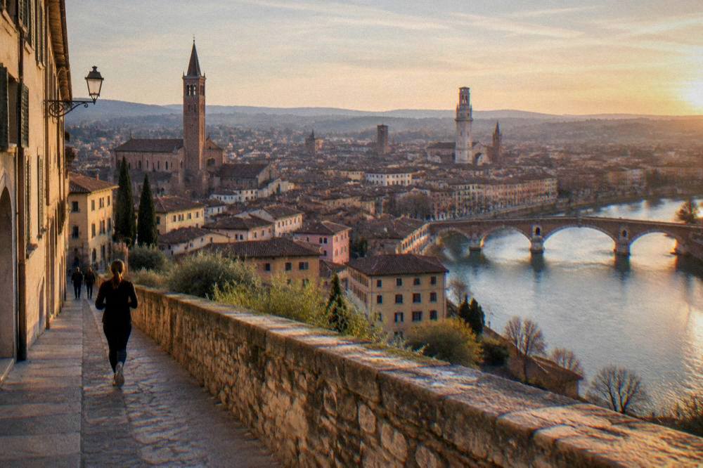 An evening view of Verona old town rooftops with church towers and hills on the horizon