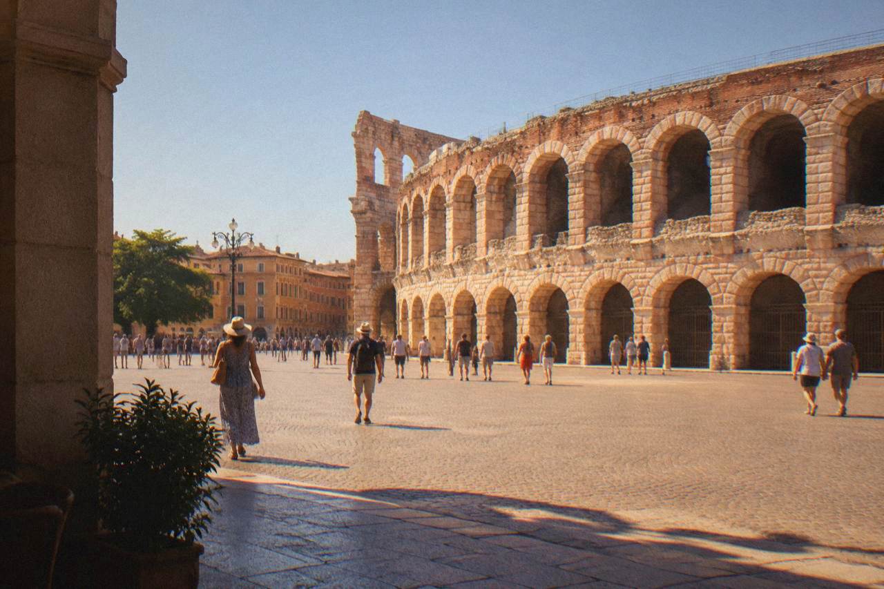 Verona's Piazza Bra under a clear morning sky with the Arena amphitheatre on one side