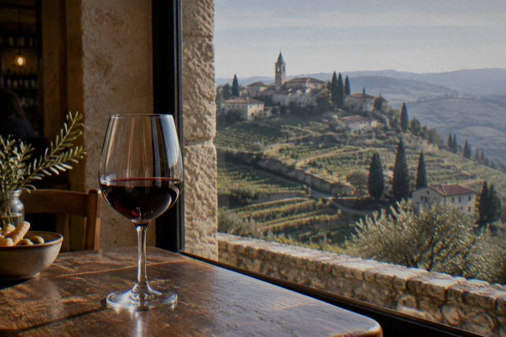 A table with a glass of red Valpolicella wine inside a warm Verona wine bar