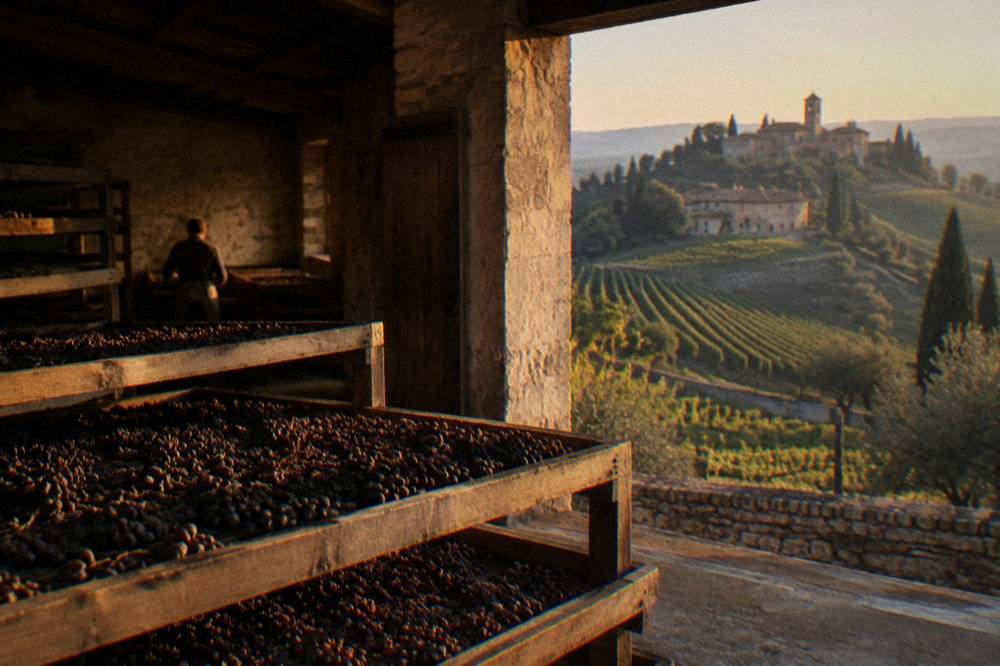 Grapes drying on wooden racks in a dim ventilated drying loft