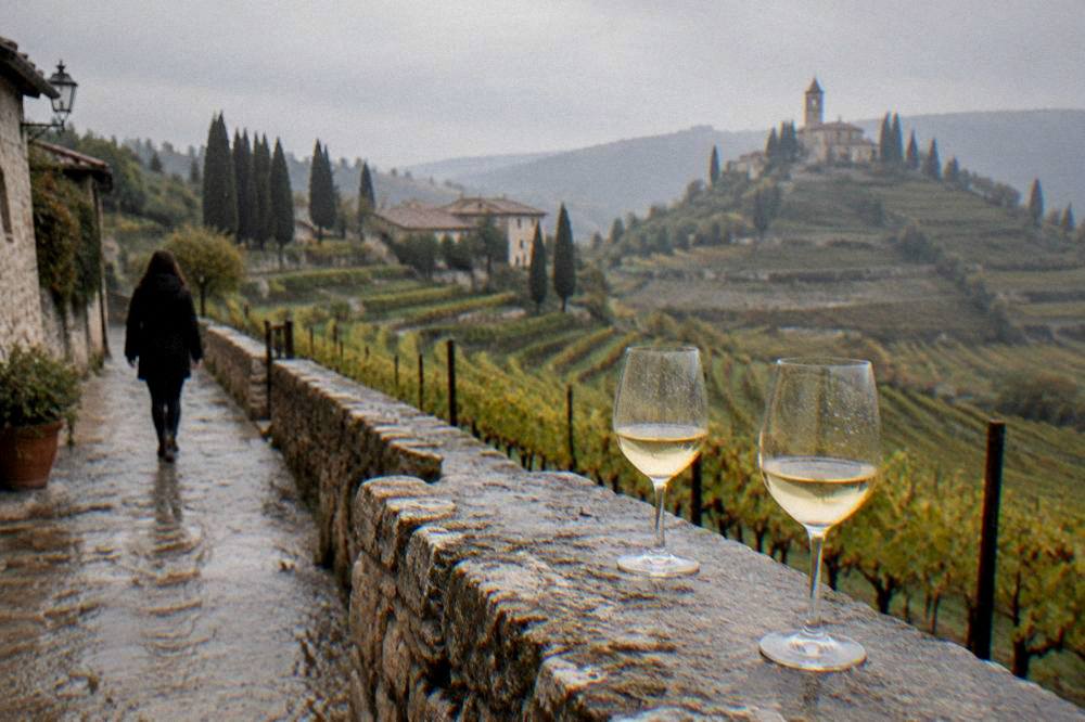 Two glasses of white wine on a stone ledge overlooking terraced vineyards