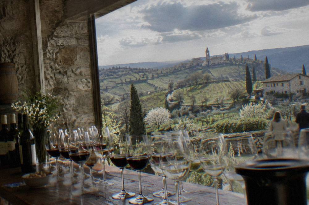 Rows of wine glasses arranged on a wooden tasting counter in a cellar