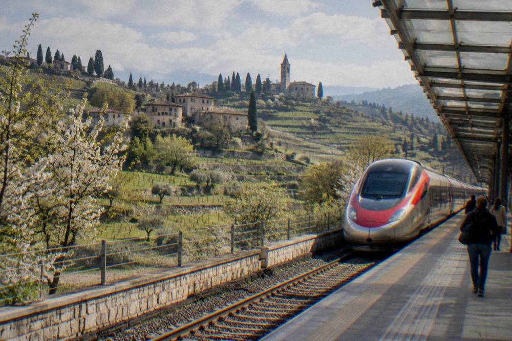 Long-distance high-speed train parked at a platform under a glass station roof