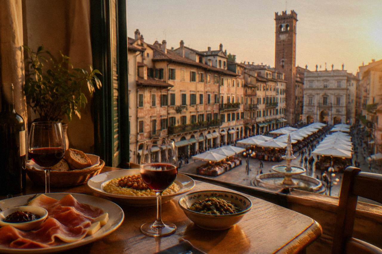 A table with plates of Veronese food and glasses of red wine in a warm dining room
