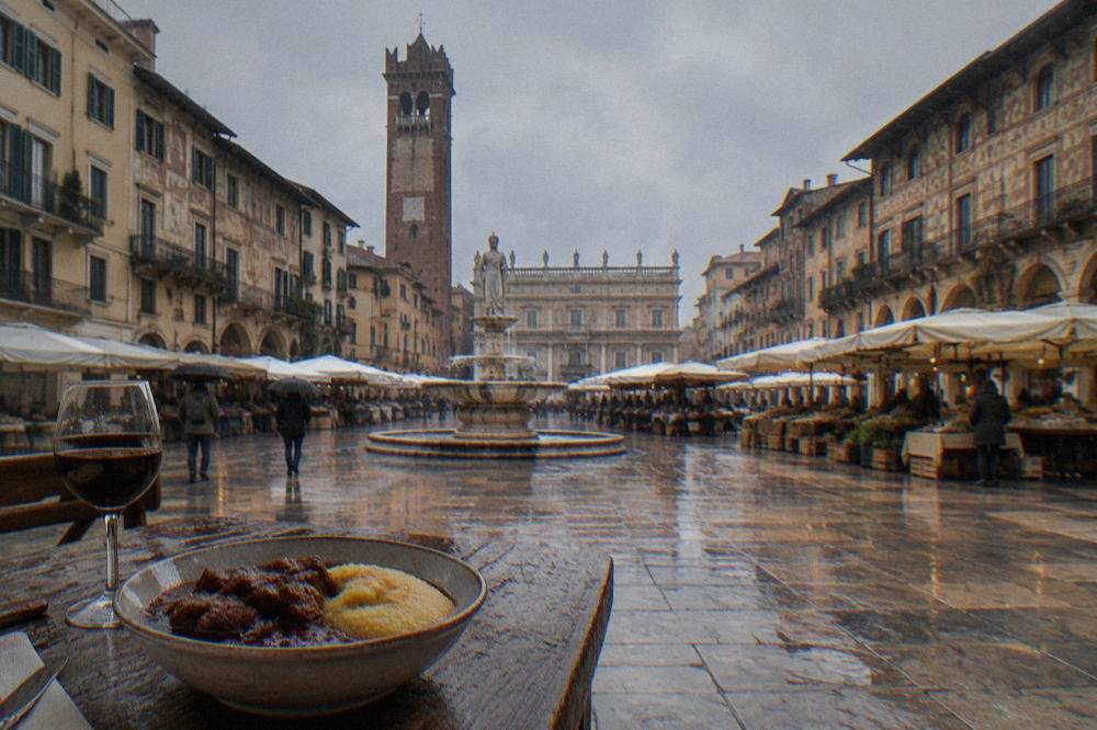 A bowl of dark red wine stew with polenta on a rustic table
