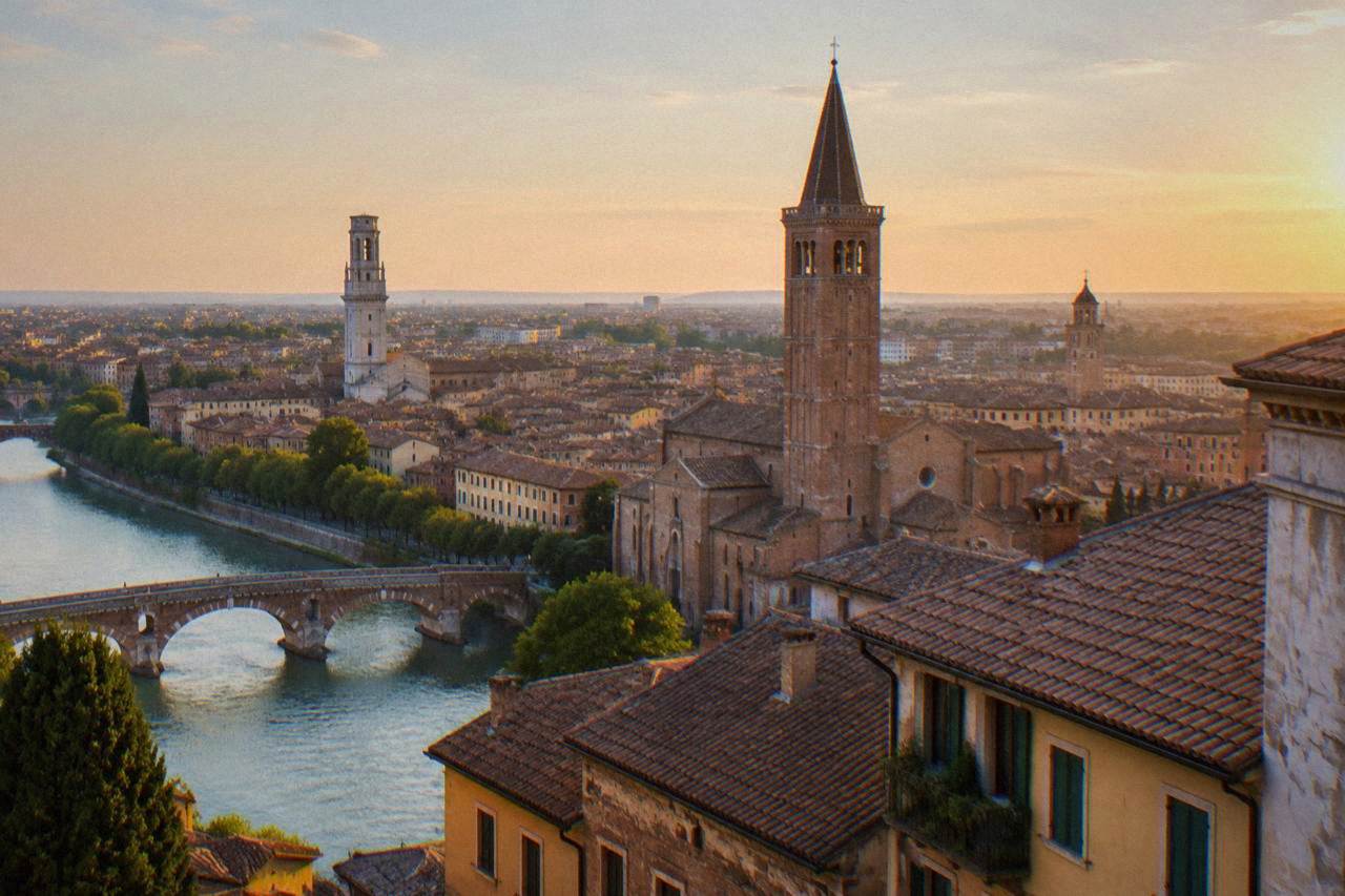 Evening view over rooftops and church towers in central Verona