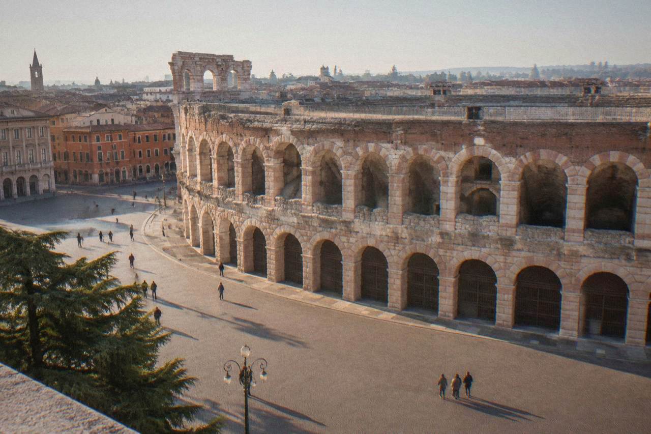 Verona's Roman Arena seen from Piazza Bra in morning light