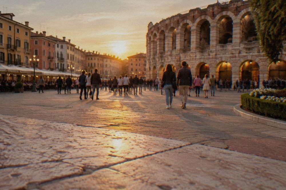 Crowds crossing Piazza Bra toward the lit Arena entrance in the evening