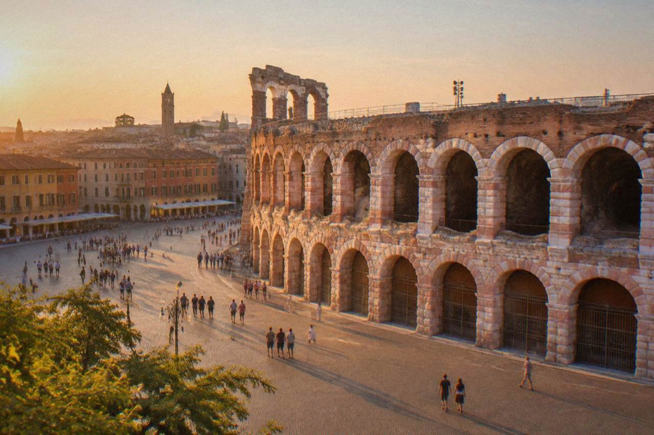 The Roman Arena of Verona seen from Piazza Bra at golden hour
