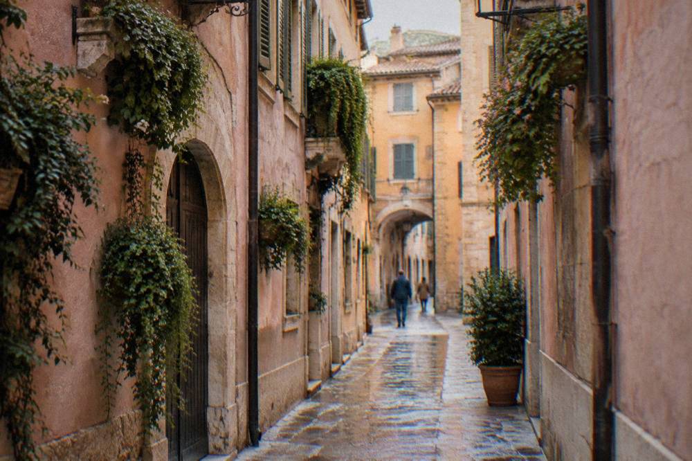 A quiet Verona alley with pink stone walls and hanging plants