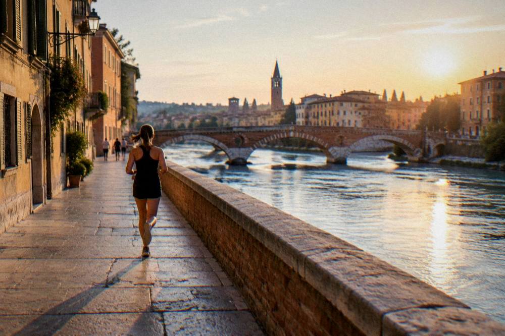 Evening light on the Adige river and Verona bridge from the riverbank