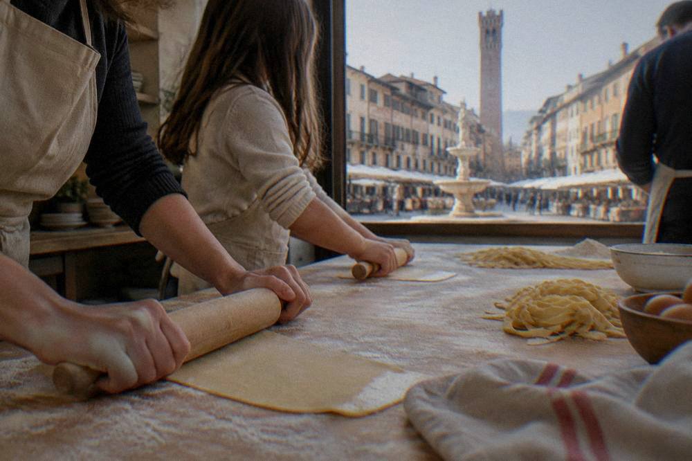 Family rolling fresh pasta dough on a floured wooden table in a warm cooking class kitchen