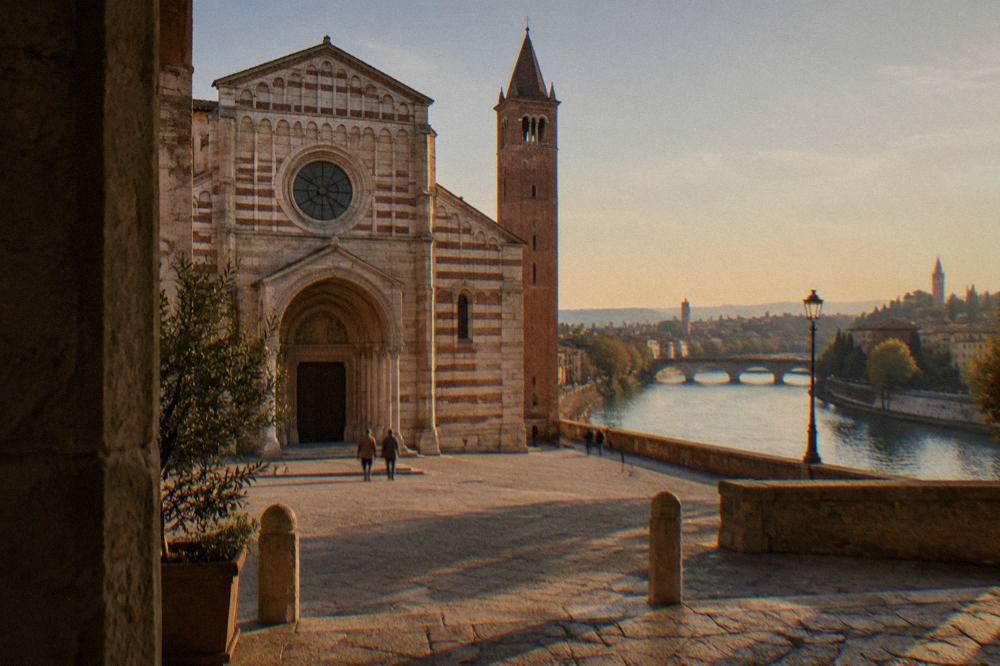The Adige river curving past Verona's rooftops and bridges