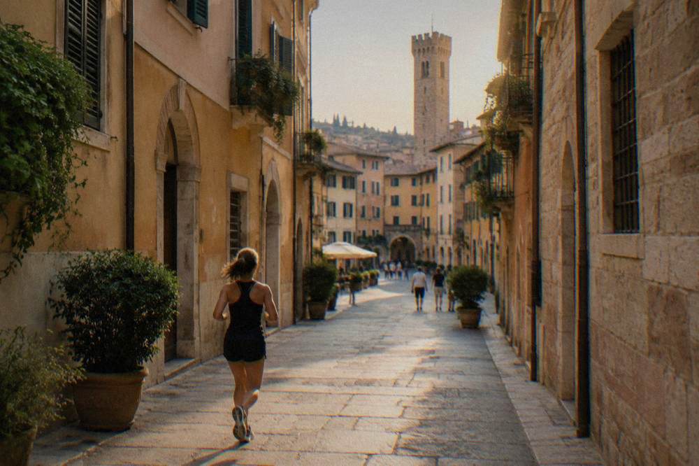 A tall medieval stone tower rising above the rooftops of Verona at golden hour