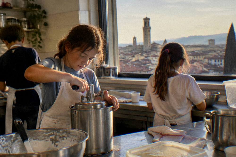 Children in aprons churning gelato in a bright Italian kitchen workshop