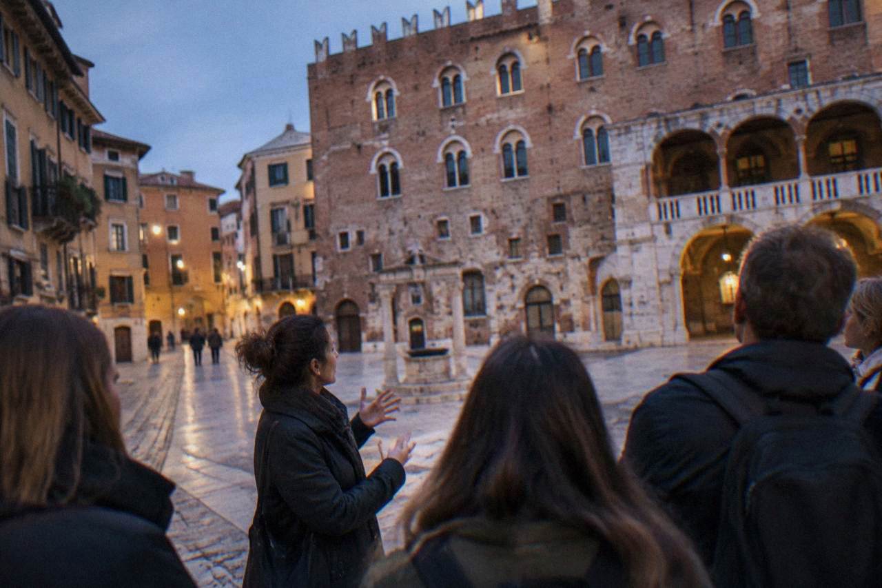 A guide speaking to a small group of visitors in a Verona piazza with old brick buildings behind them