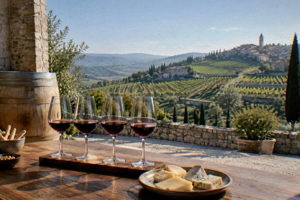 A tasting flight of red wines and a plate of cheese on a wooden table in a cellar