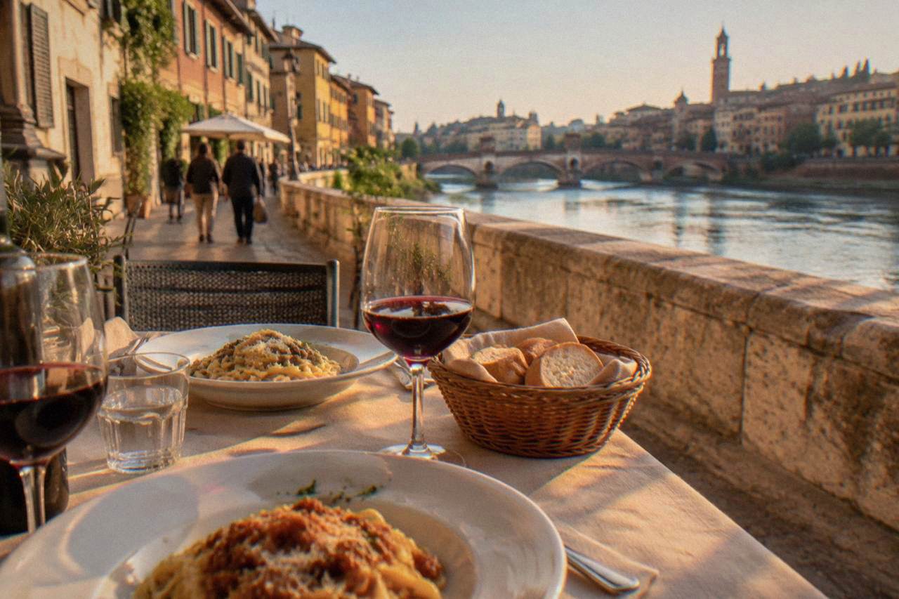 A table in a Verona restaurant with plates of pasta, glasses of red wine and a basket of bread