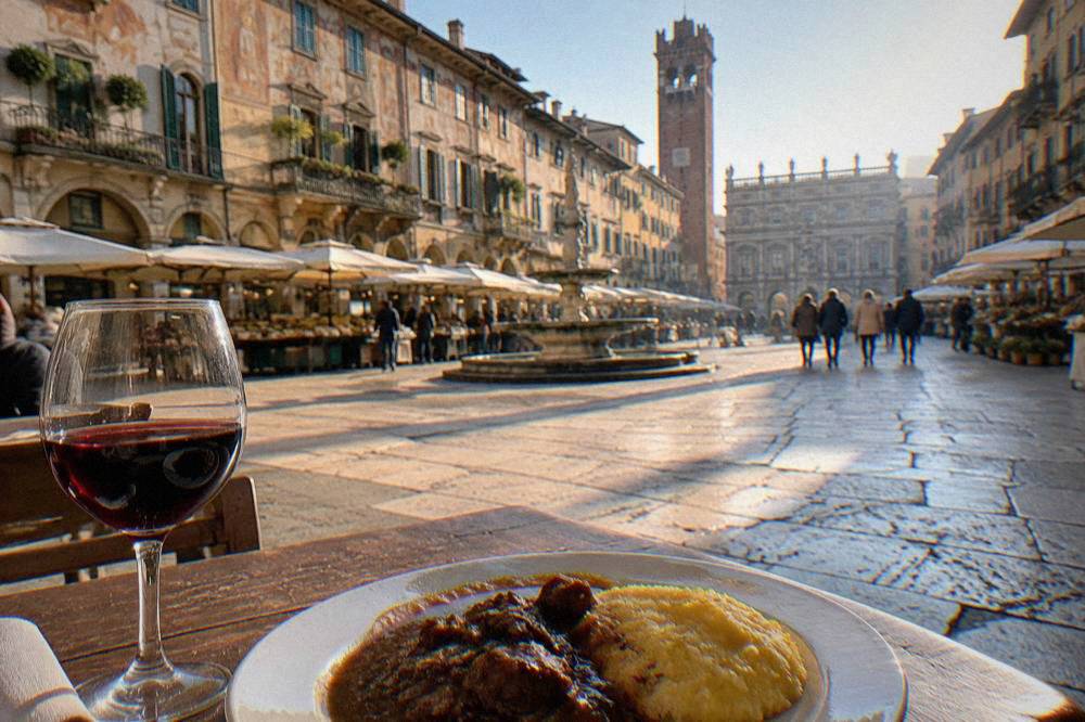 A plate of dark stewed meat with polenta beside a glass of red wine on a wooden table