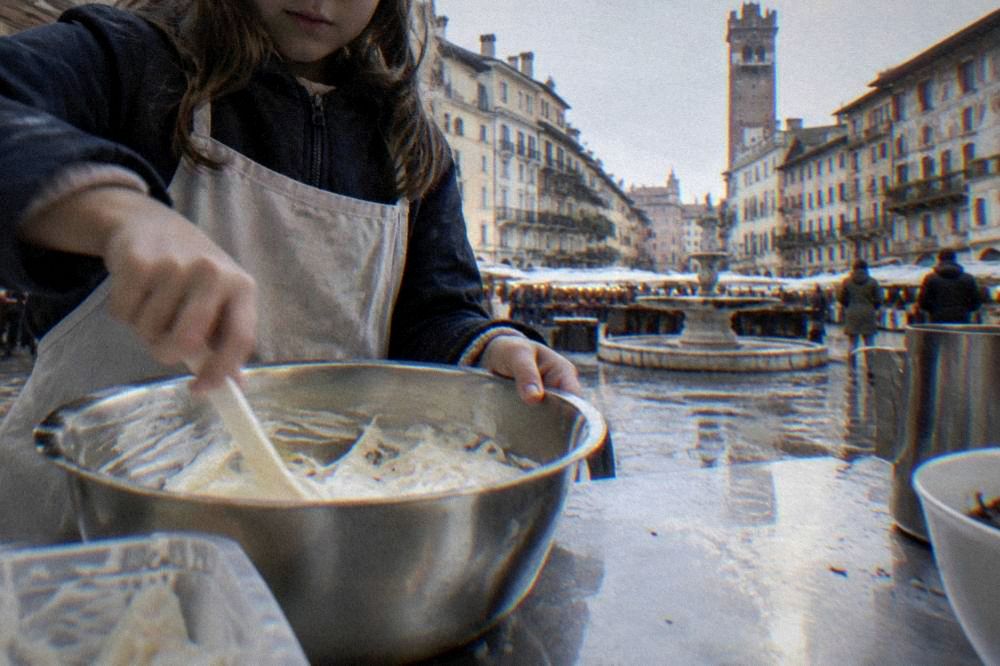 A child stirring cream into a gelato mixture at a cooking class counter