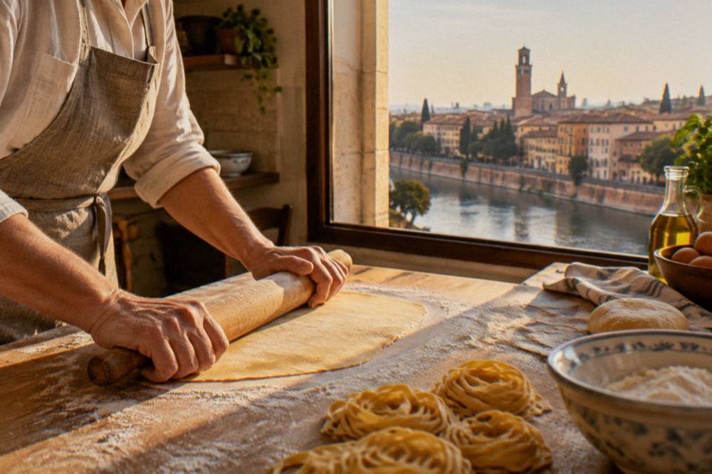 Hands rolling fresh pasta dough on a floured wooden board in a Verona kitchen