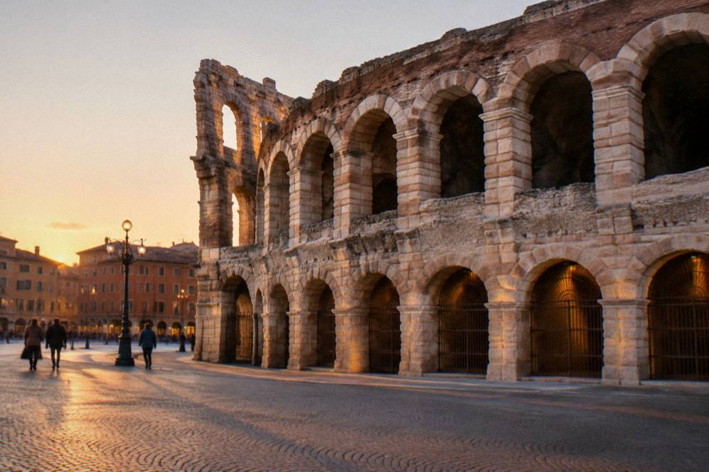 The Verona Arena at dusk with the square lit around it